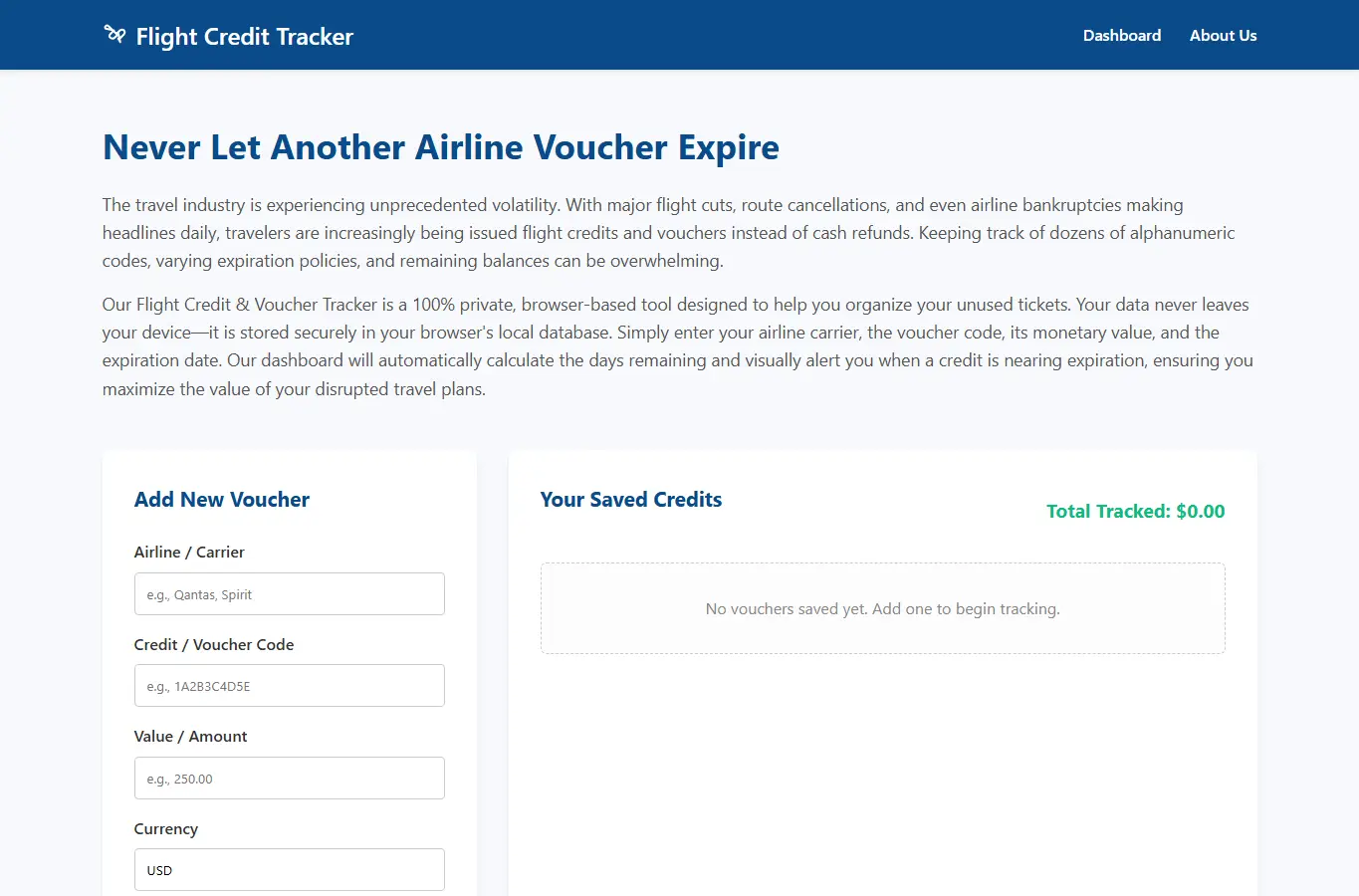 Screenshot of Flight Credit Tracker interface showing the project page in use